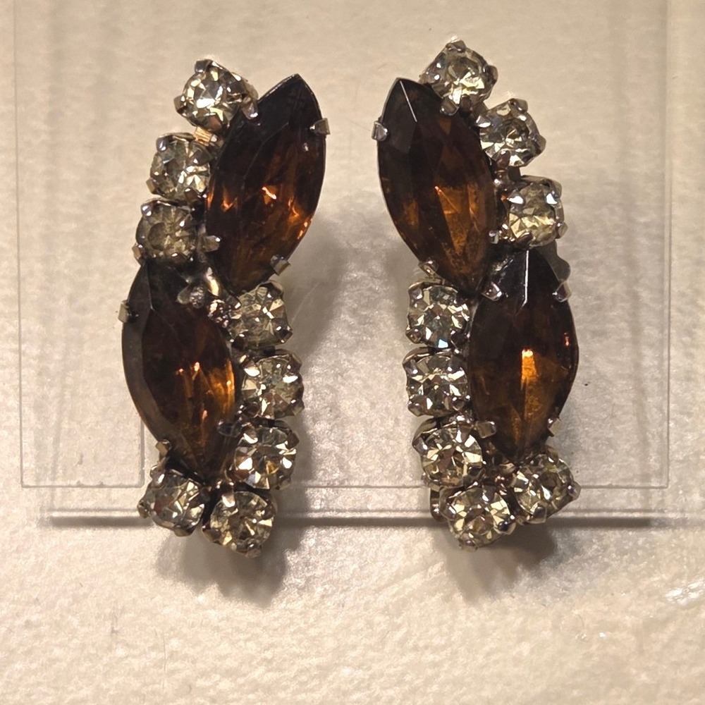 Vintage Brown Marquise & Yellow Round Rhinestone Clip On Earrings Glamour